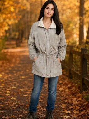 Vtg Tan/Cream Neutral Classic Utility Anorak Zip Front Jacket Sz M